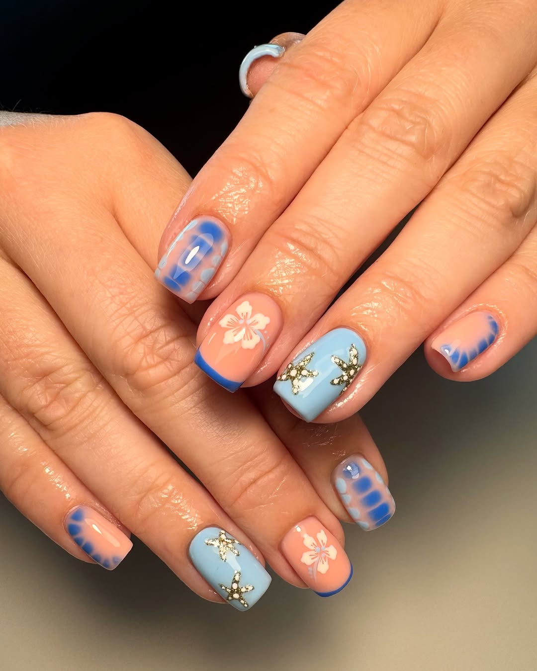 Blue Summer Floral Starfish Beach Nails