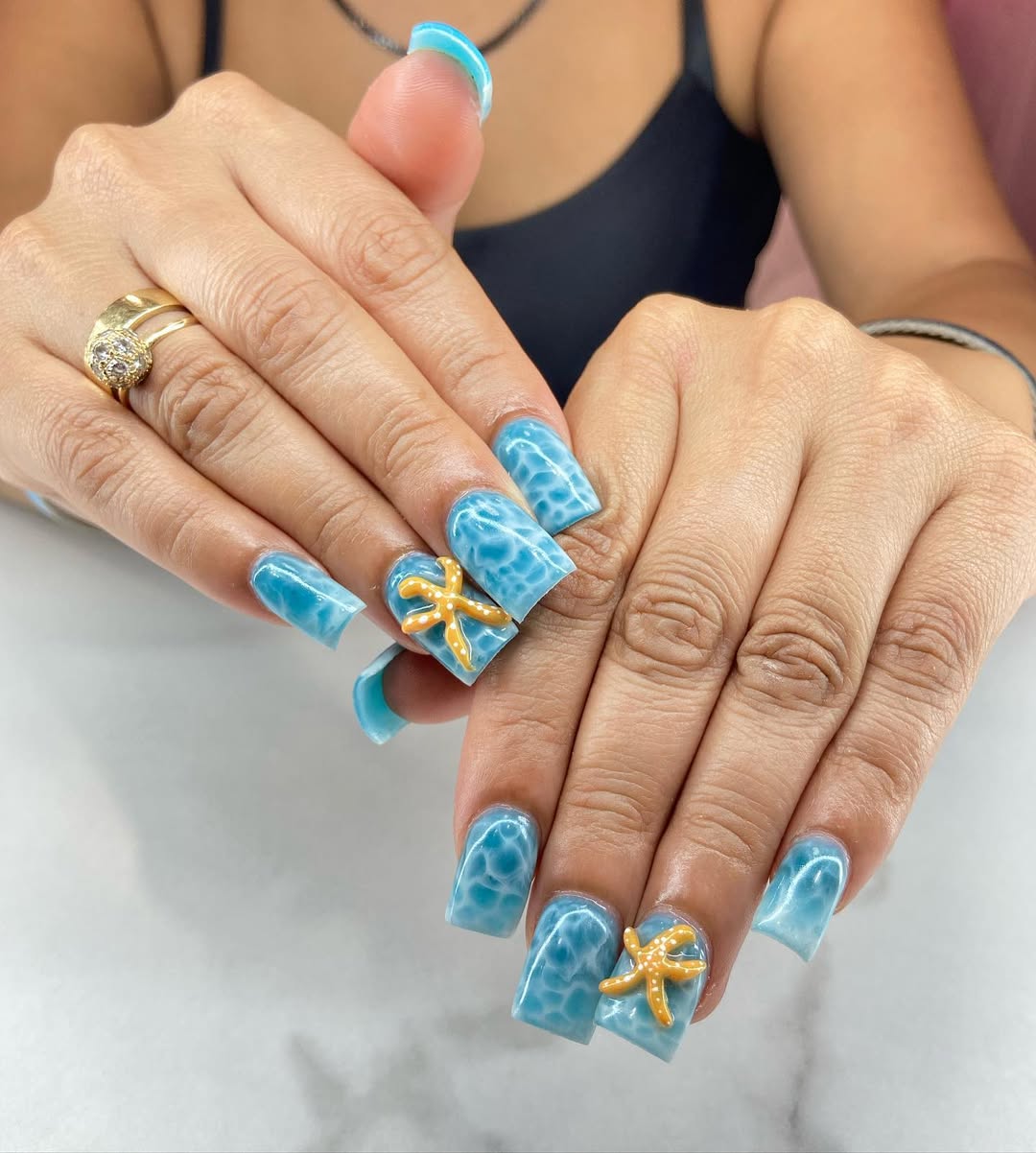 Blue Water Ripples Square Nails with Starfish Charms