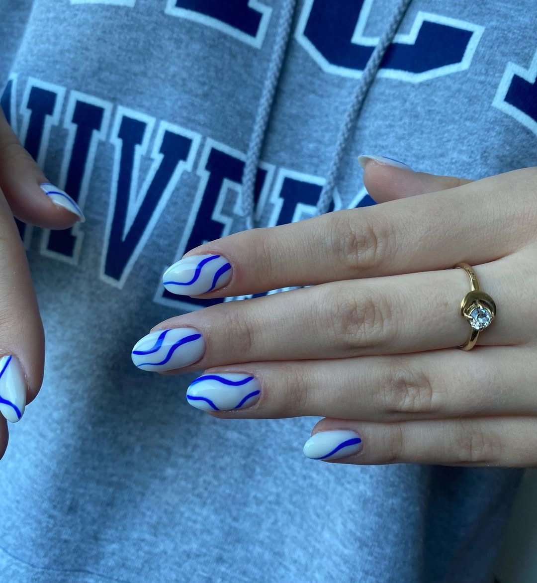 Blue Wavy Swirl Glossy Oval Nails