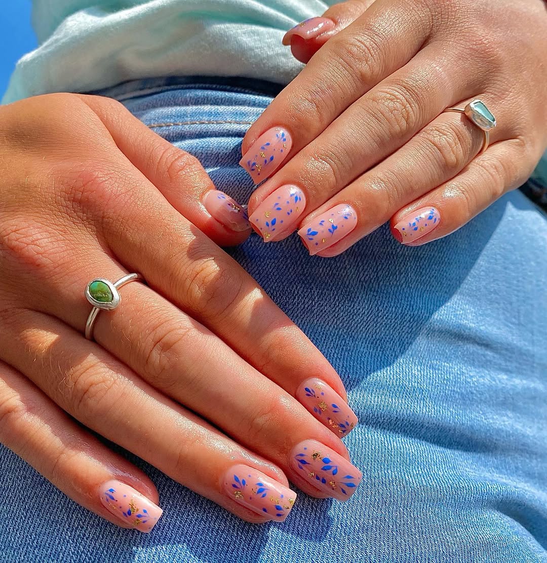 Blush Pink Botanical Abstract Nails with Gold Flakes