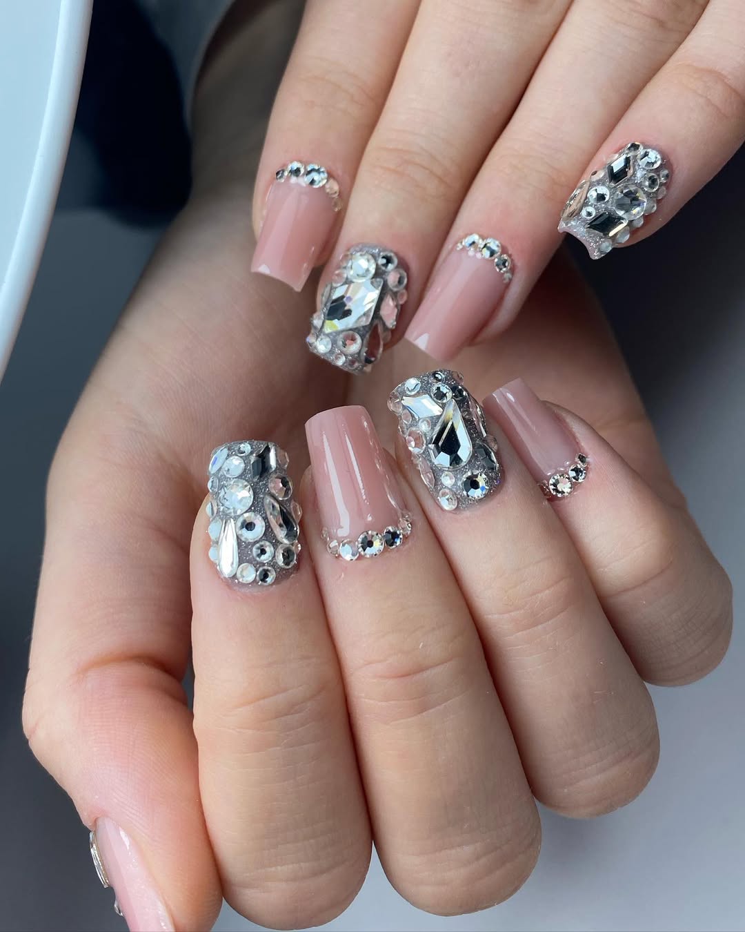 Blush Pink Square Rhinestone Accent Nails