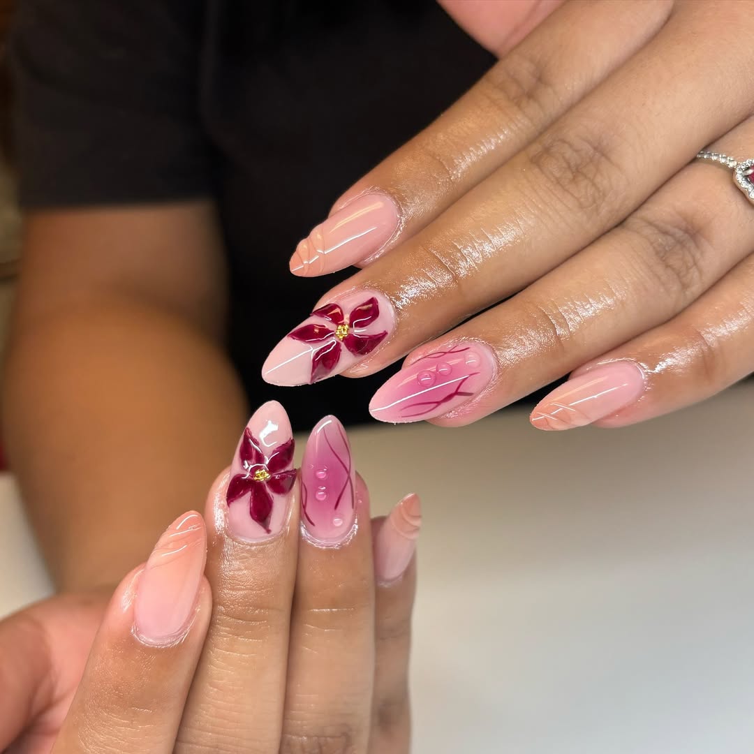 Blush Pink Water Droplet and Floral Stiletto Nails