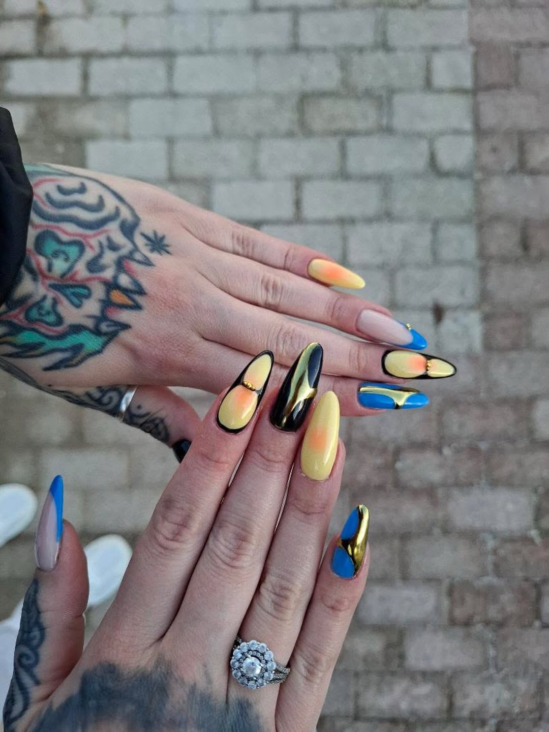 Bold Abstract Yellow Blue Black Gold Almond Nails