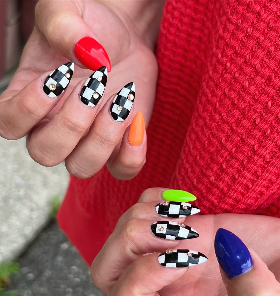 Bold Checkered Almond Nails with Mismatched Bright Solids