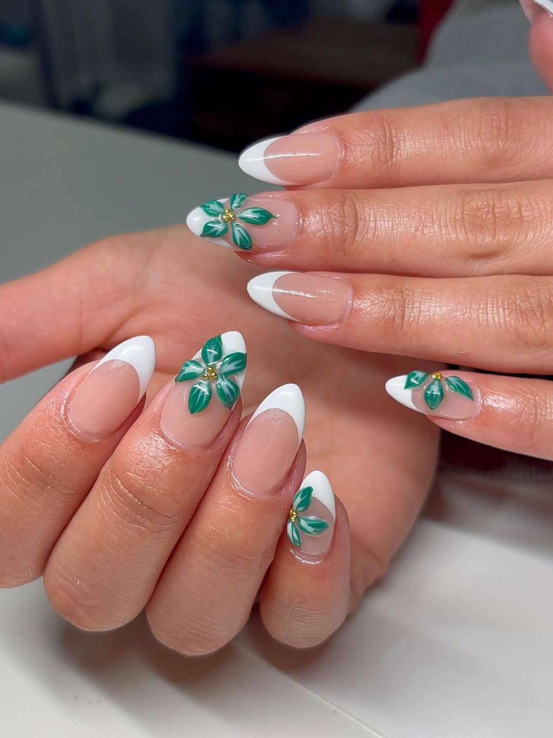 Breezy French Tips With Green 3D Flowers