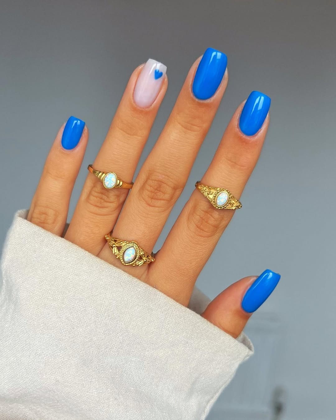 Bright Blue Accent Heart Square Glossy Nails