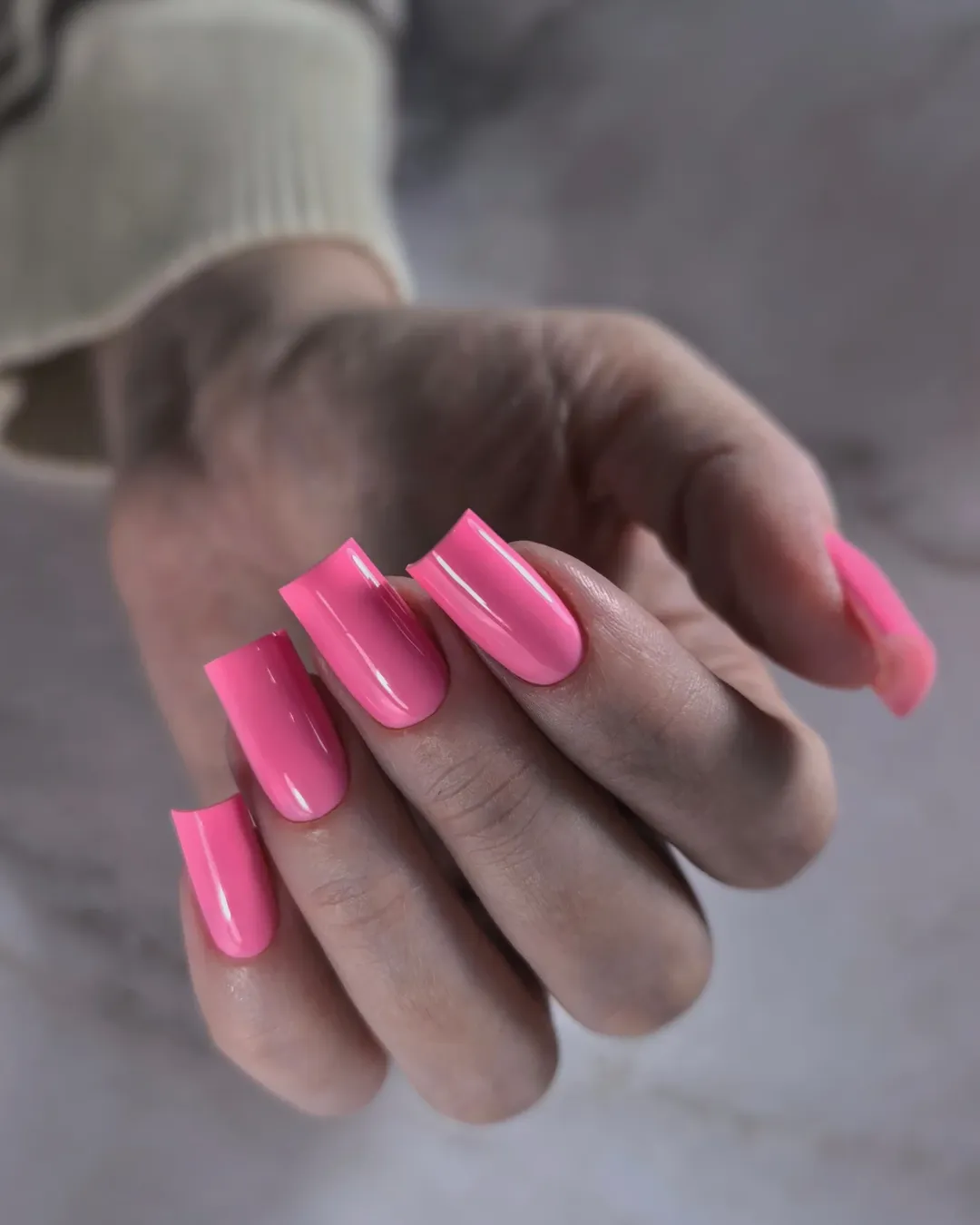 Bright Bubblegum Pink Glossy Long Square Nails