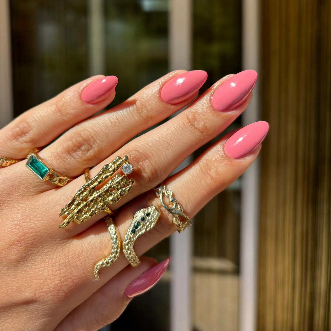 Bright Glossy Pink Almond Summer Nails