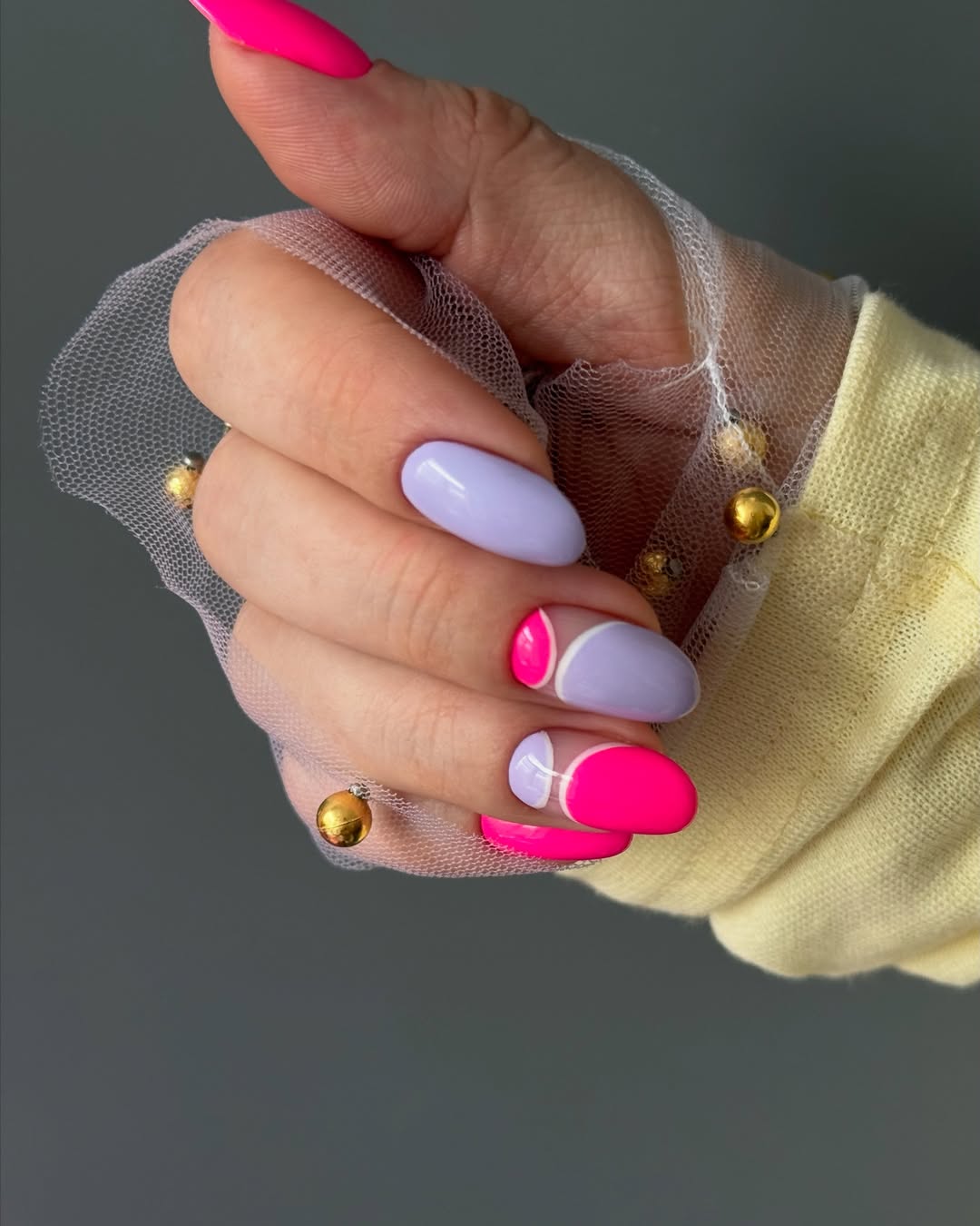 Bright Lilac Pink Color Block Abstract Oval Nails