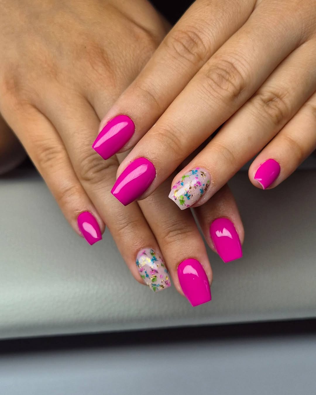 Bright Magenta Coffin Nails with Floral Accent