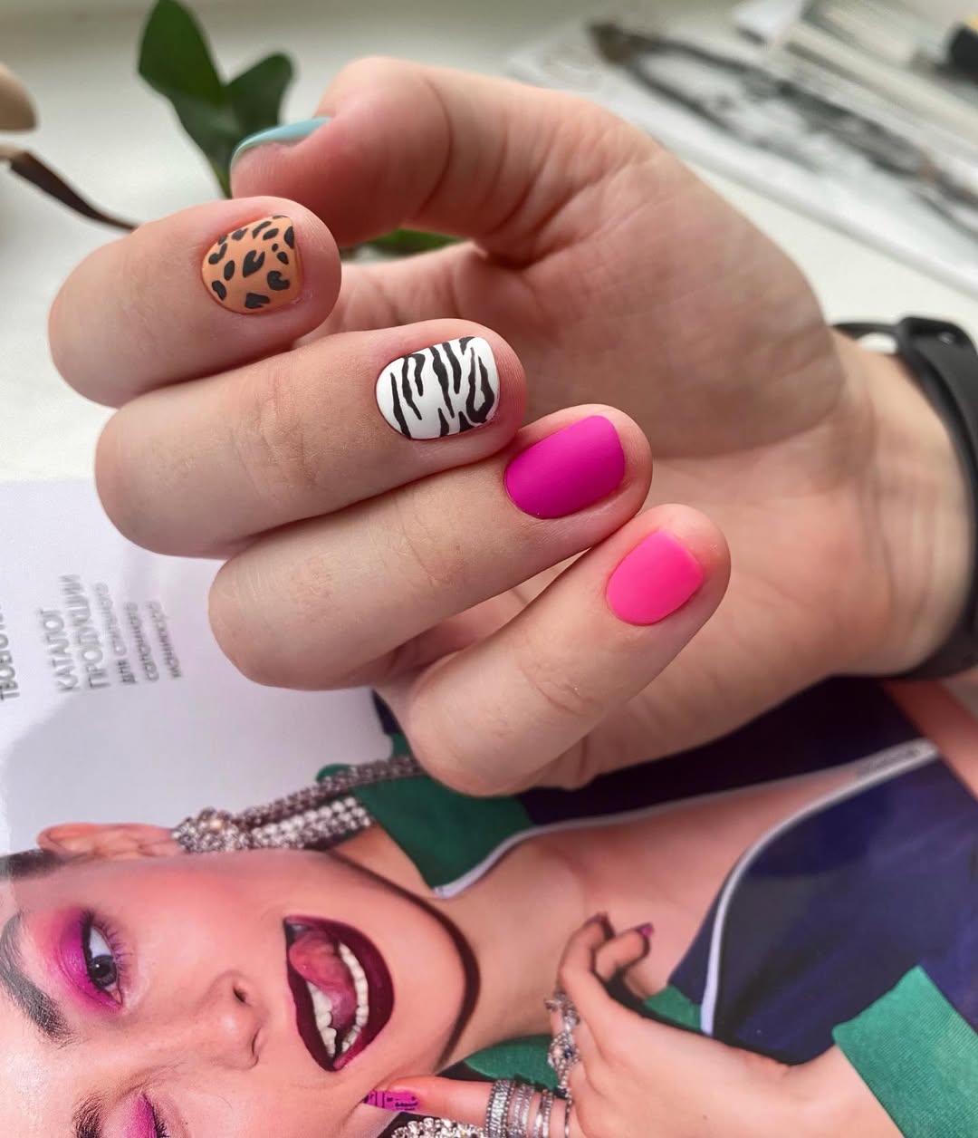 Bright Matte Animal Print Mixed Mani