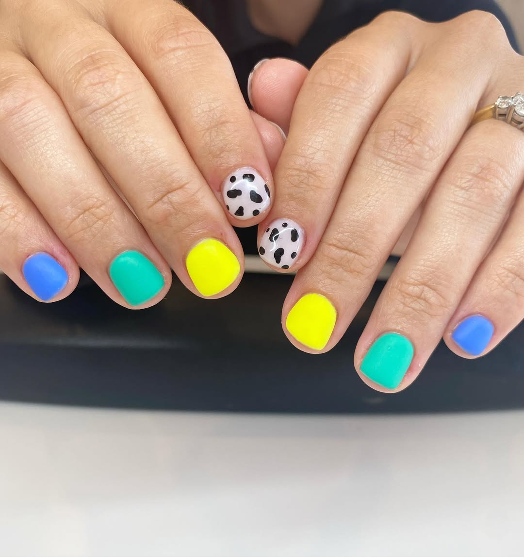 Bright Mismatched Cow Print Short Squoval