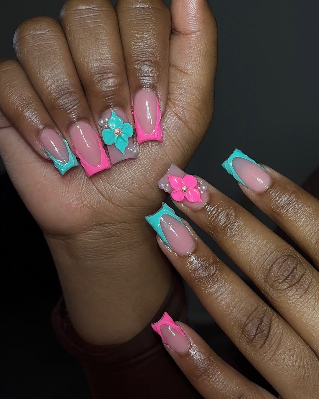 Bright Neon French Tips With 3D Floral Charms