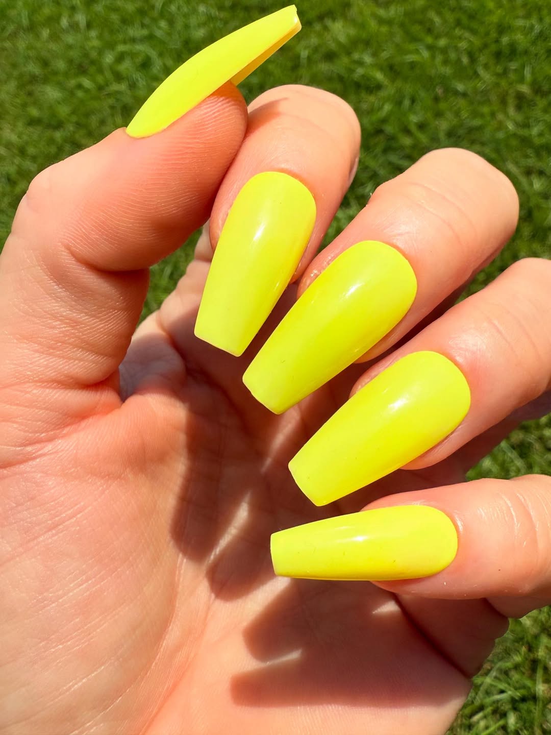 Bright Neon Yellow Glossy Coffin Nails