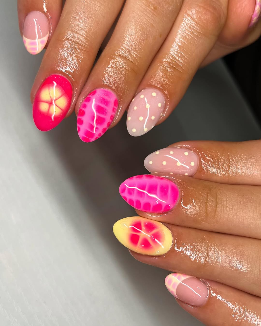 Bright Ombre French, Polka Dots, and Crocodile Fun