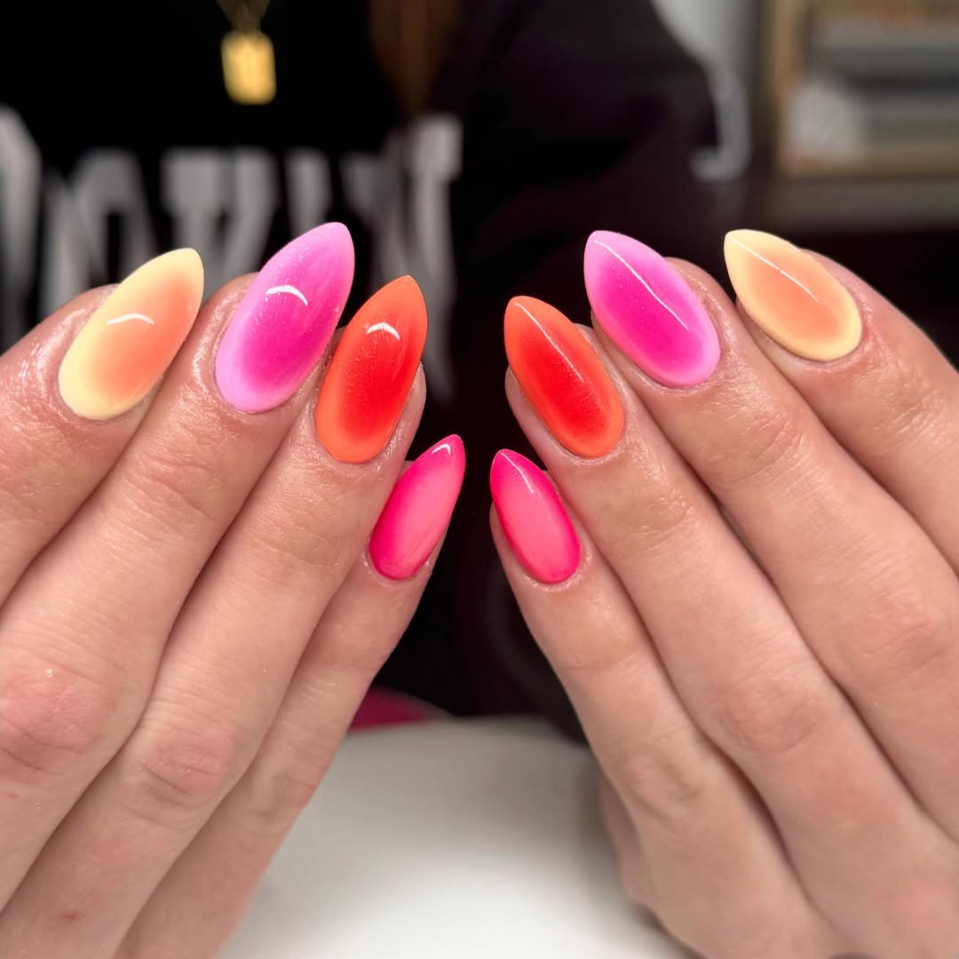 Bright Ombre Glossy Almond Gel Nails