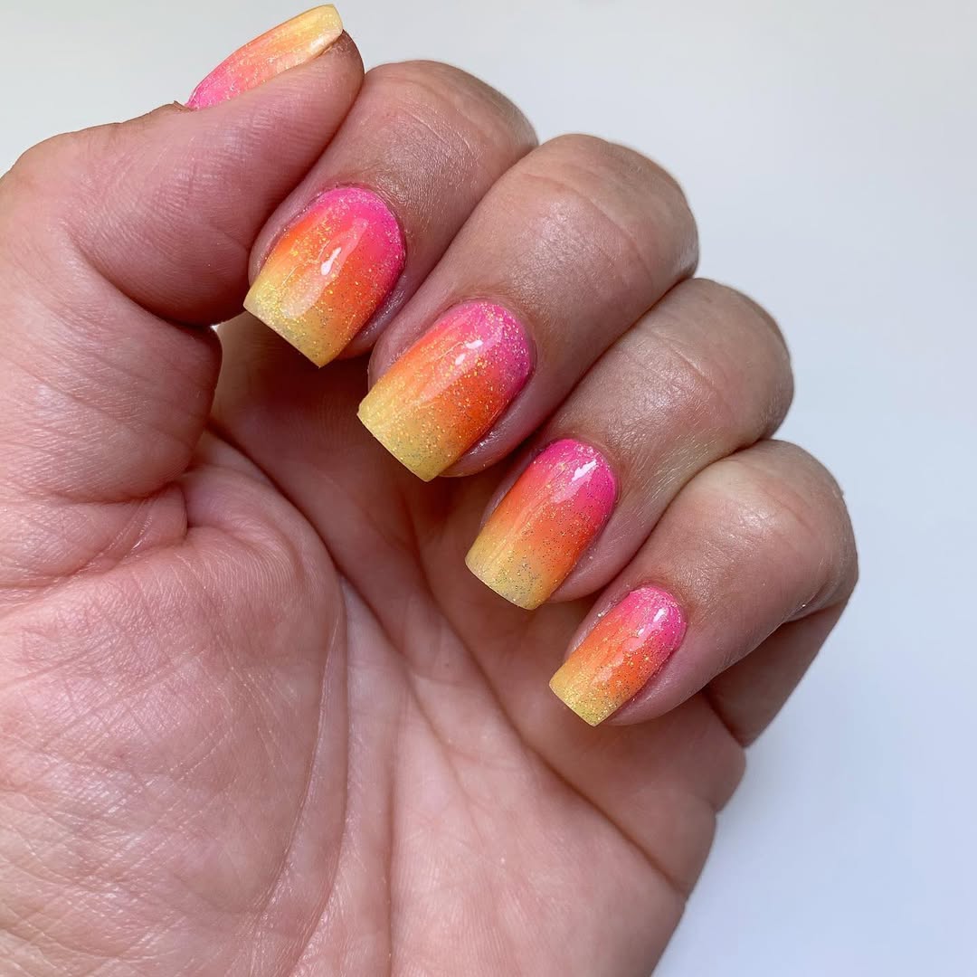 Bright Ombre Pink Orange Yellow Glitter Square Nails
