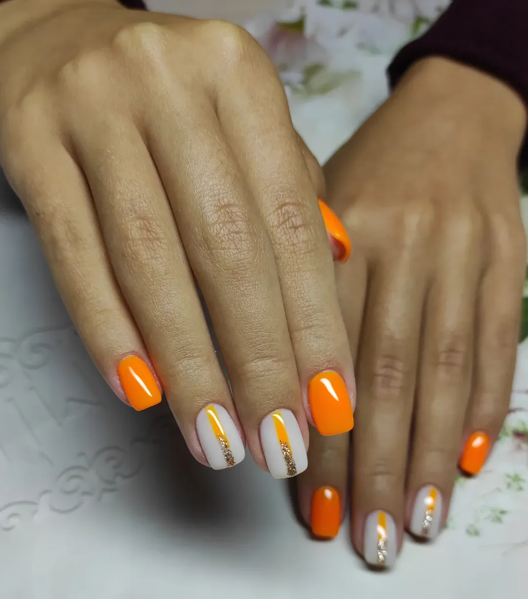 Bright Orange and White Line Art with Glitter
