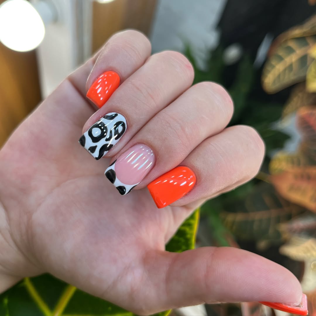 Bright Orange Cow Print and French Milk Bath Nails