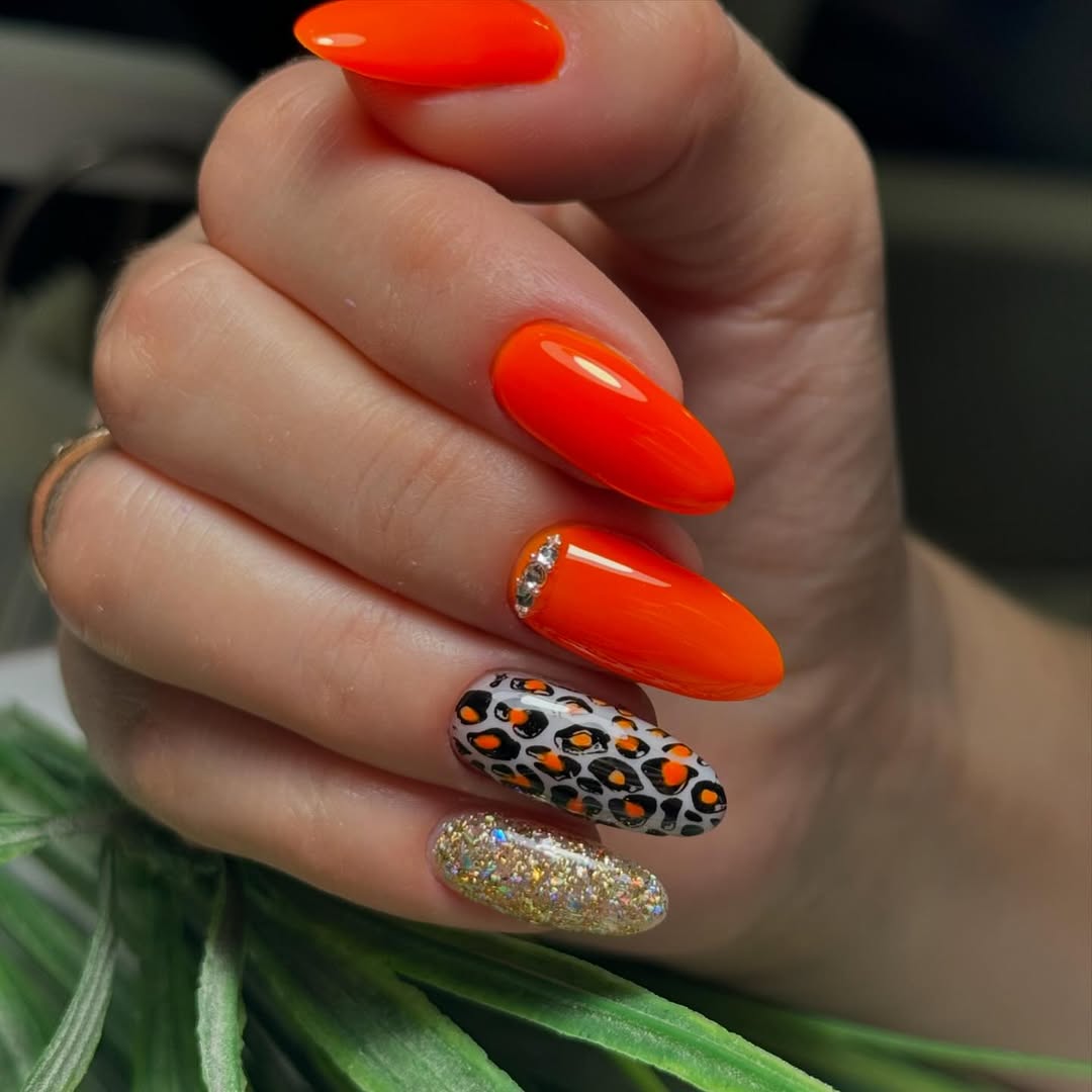 Bright Orange Leopard Print Accent Almond Nails