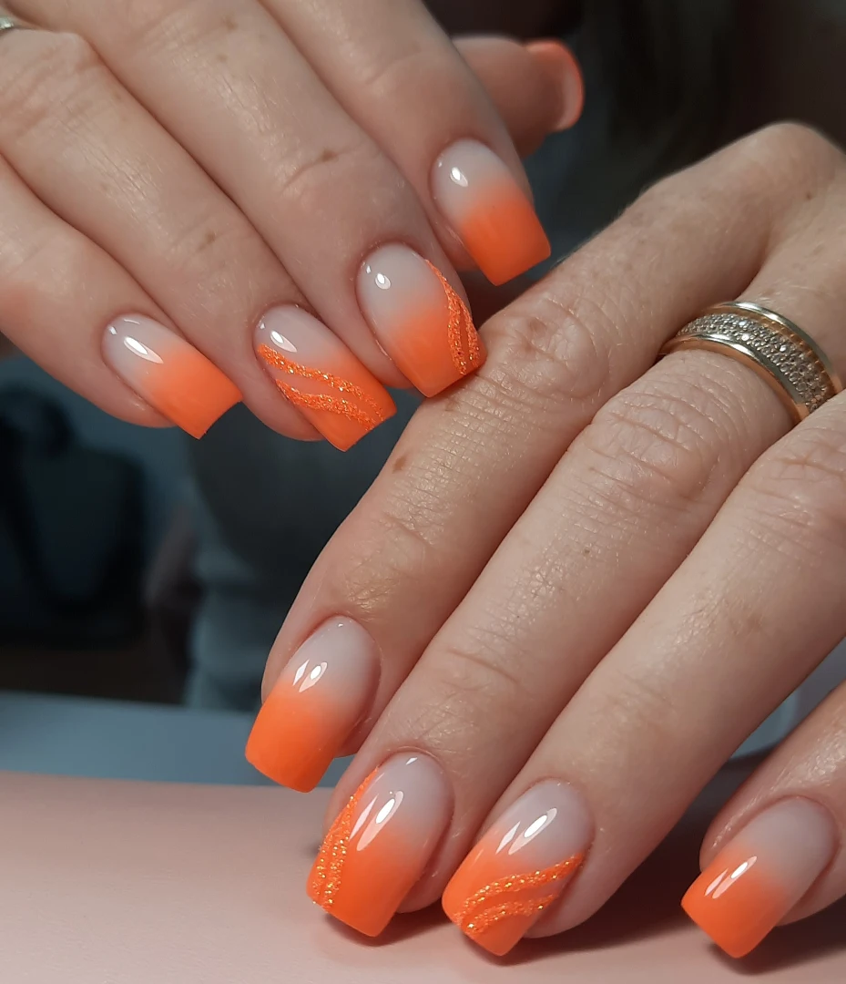 Bright Orange Ombre Glitter Swirl Summer Nails