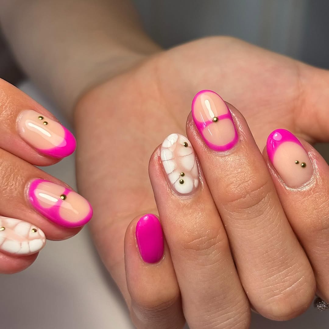 Bright Pink Abstract French Tips with Cloud Accent