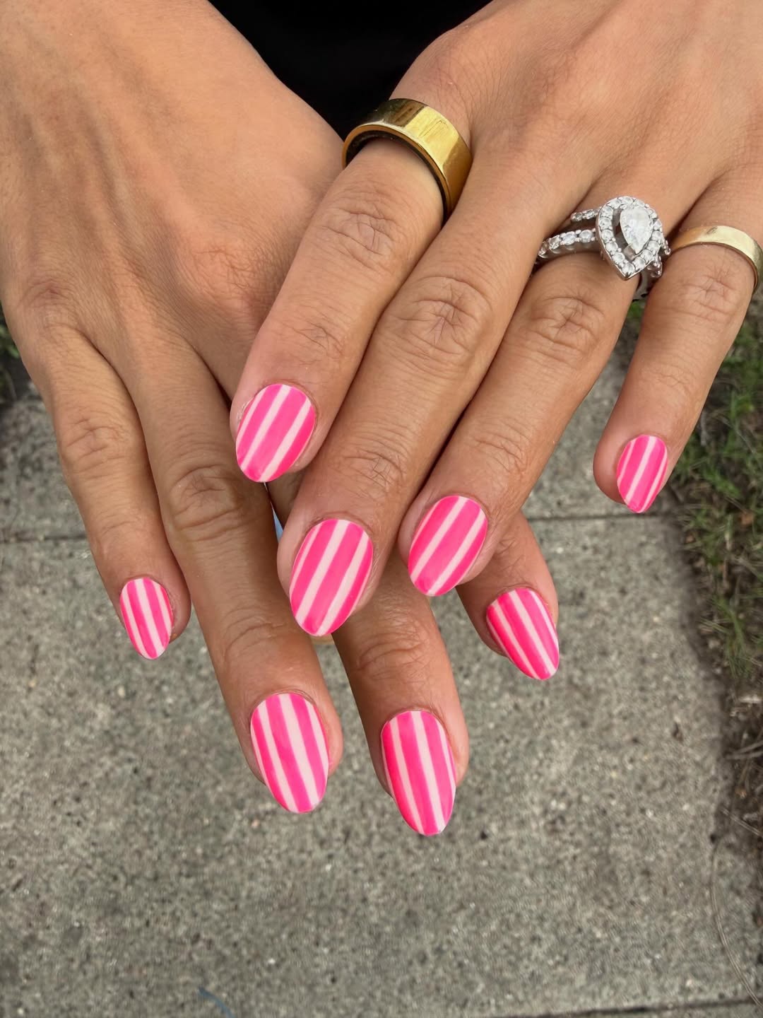 Bright Pink and White Striped Oval Manicure