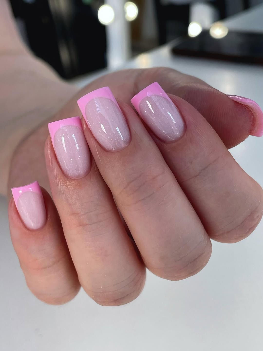 Bright Pink French Tip Glitter Square Nails
