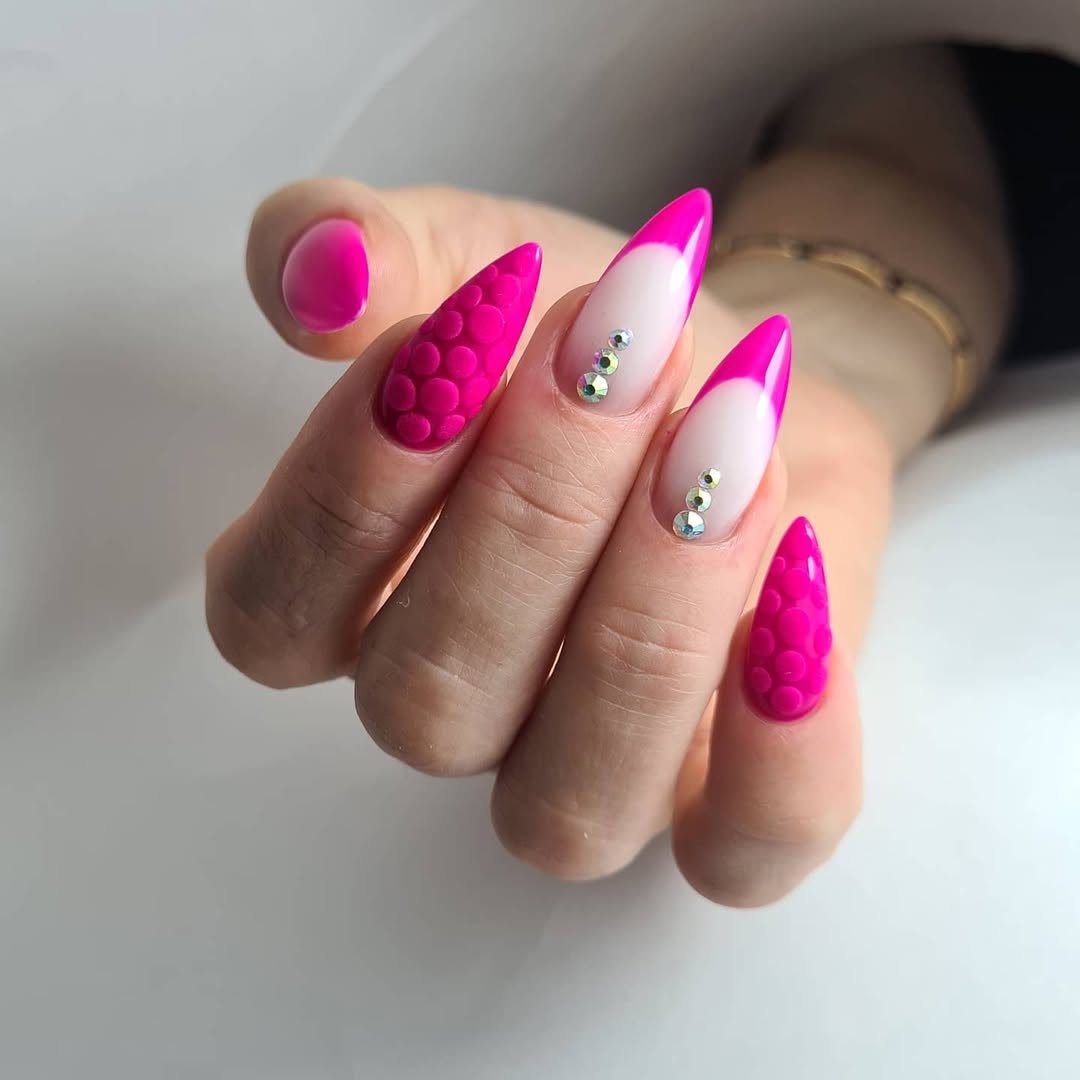 Bright Pink French Tips With 3D Texture and Rhinestones