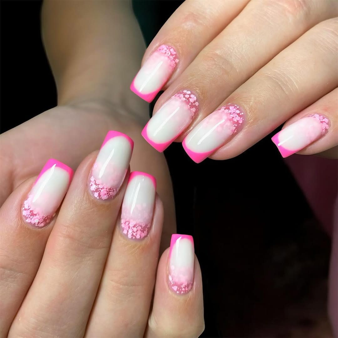 Bright Pink French Tips With Glitter Base