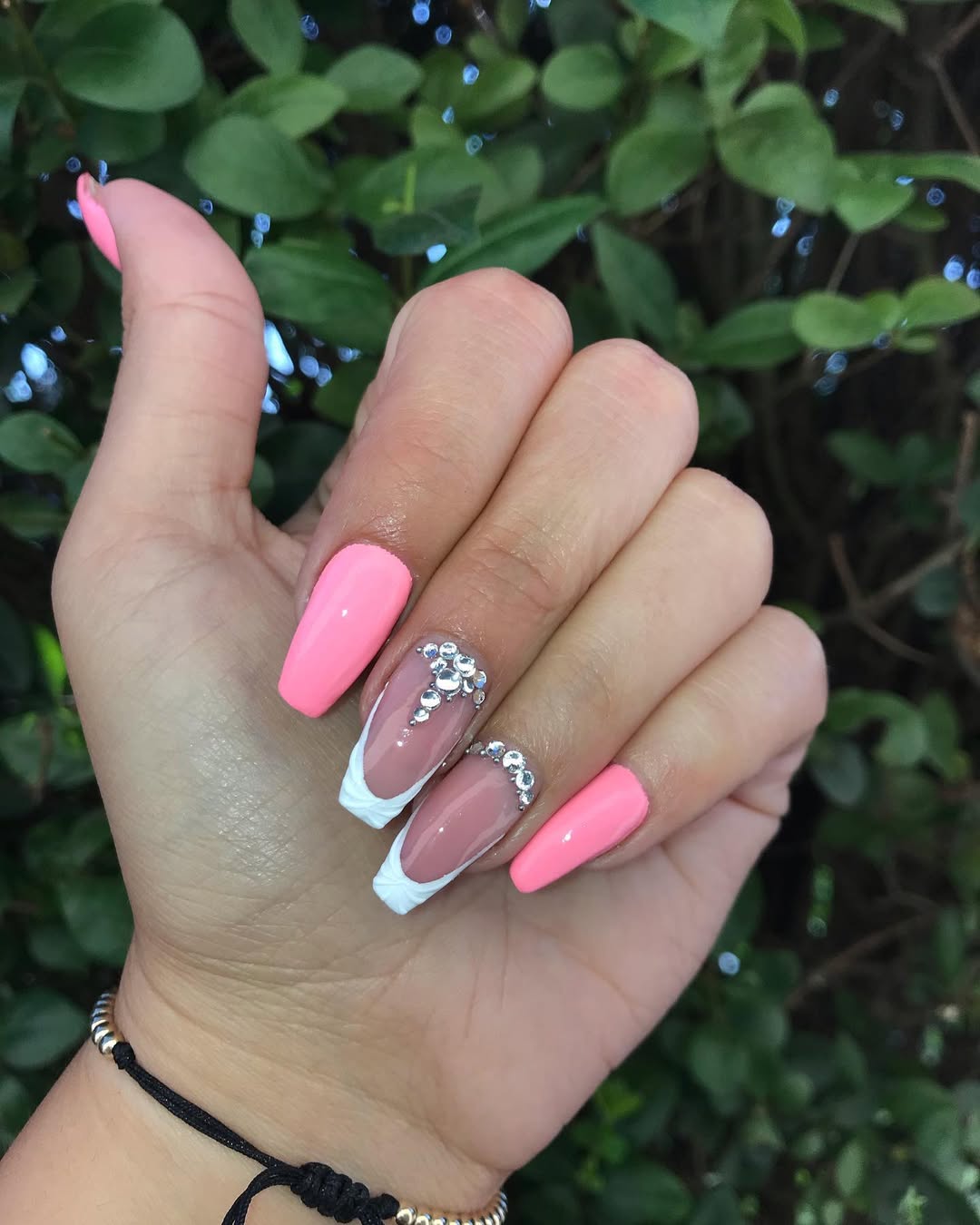 Bright Pink French Tips With Rhinestone Accents