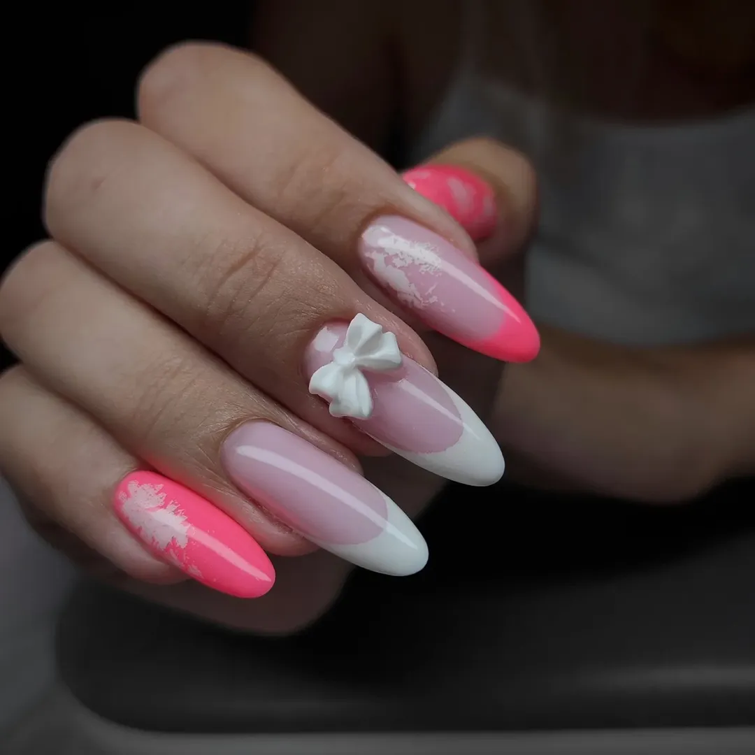 Bright Pink French Tips With White Marble and 3D Bows