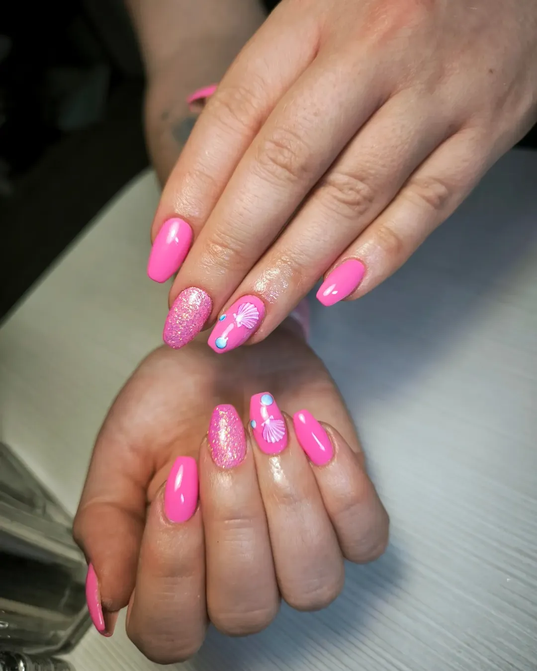 Bright Pink Glitter Shell Coffin Nails