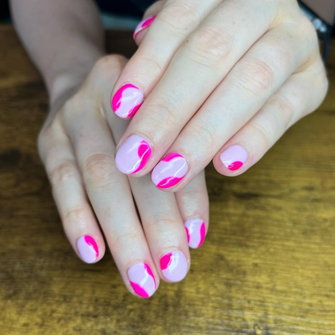 Bright Pink Swirl Short Oval Nails