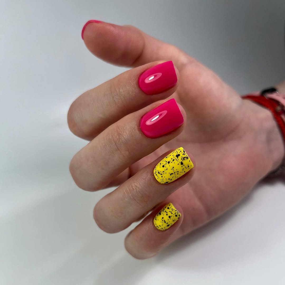 Bright Pink Yellow Splash Short Square Nails