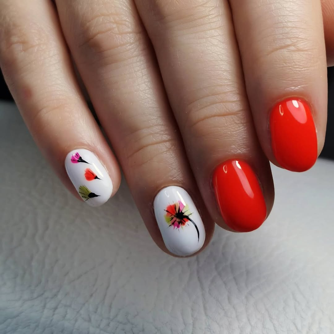 Bright Red and White Floral Short Gel Nails