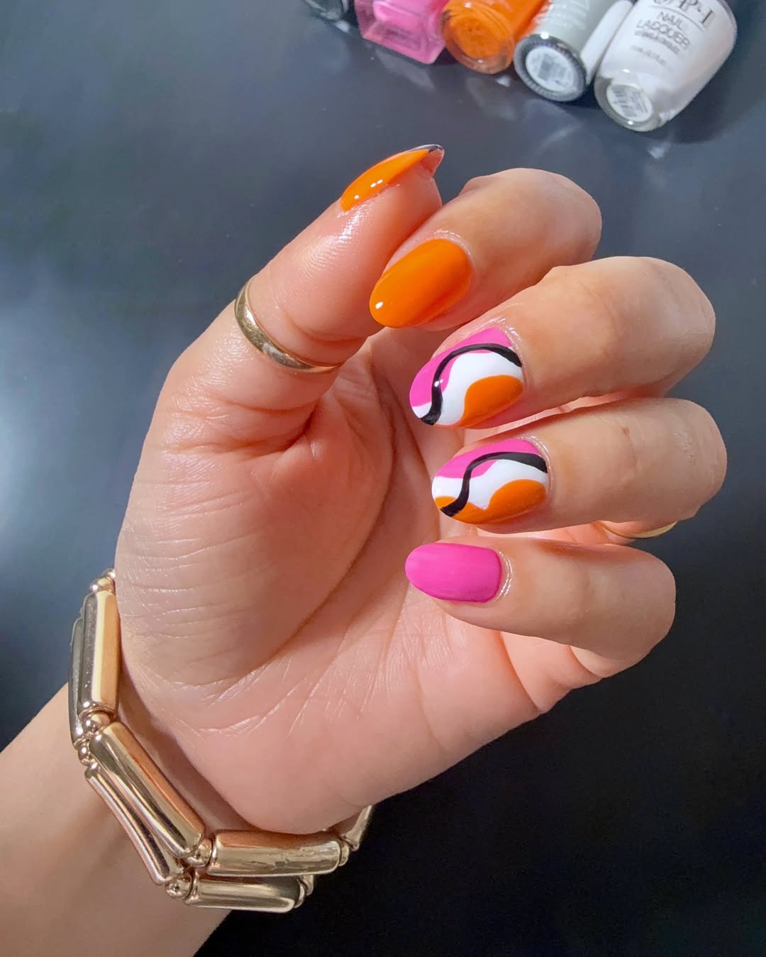 Bright Swirly Pink Orange Black White Abstract Nails