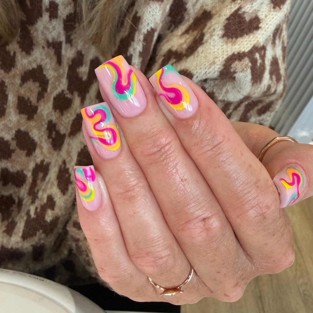 Bright Swirly Retro Short Square Nails
