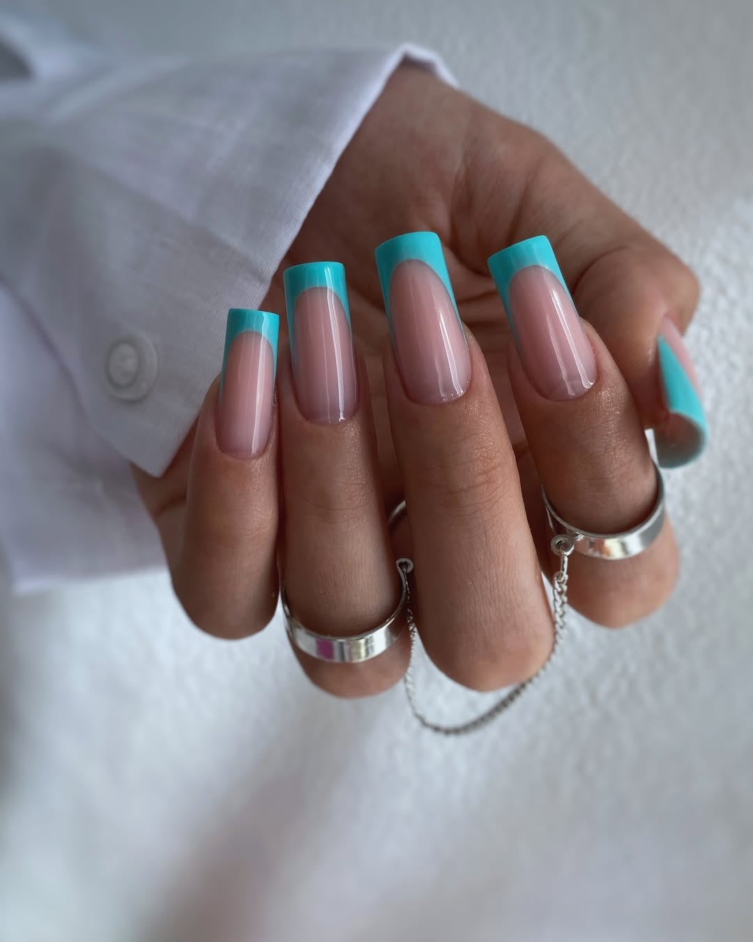 Bright Teal French Tips With Clear Glossy Base
