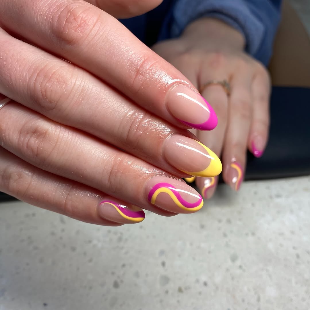 Bright Wavy Nude Almond Nails with Pop Art Swirls