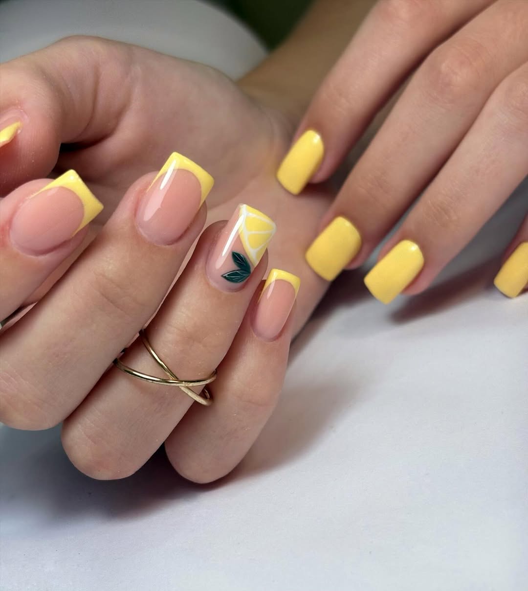 Bright Yellow French Tips With Lemon Accent Nail