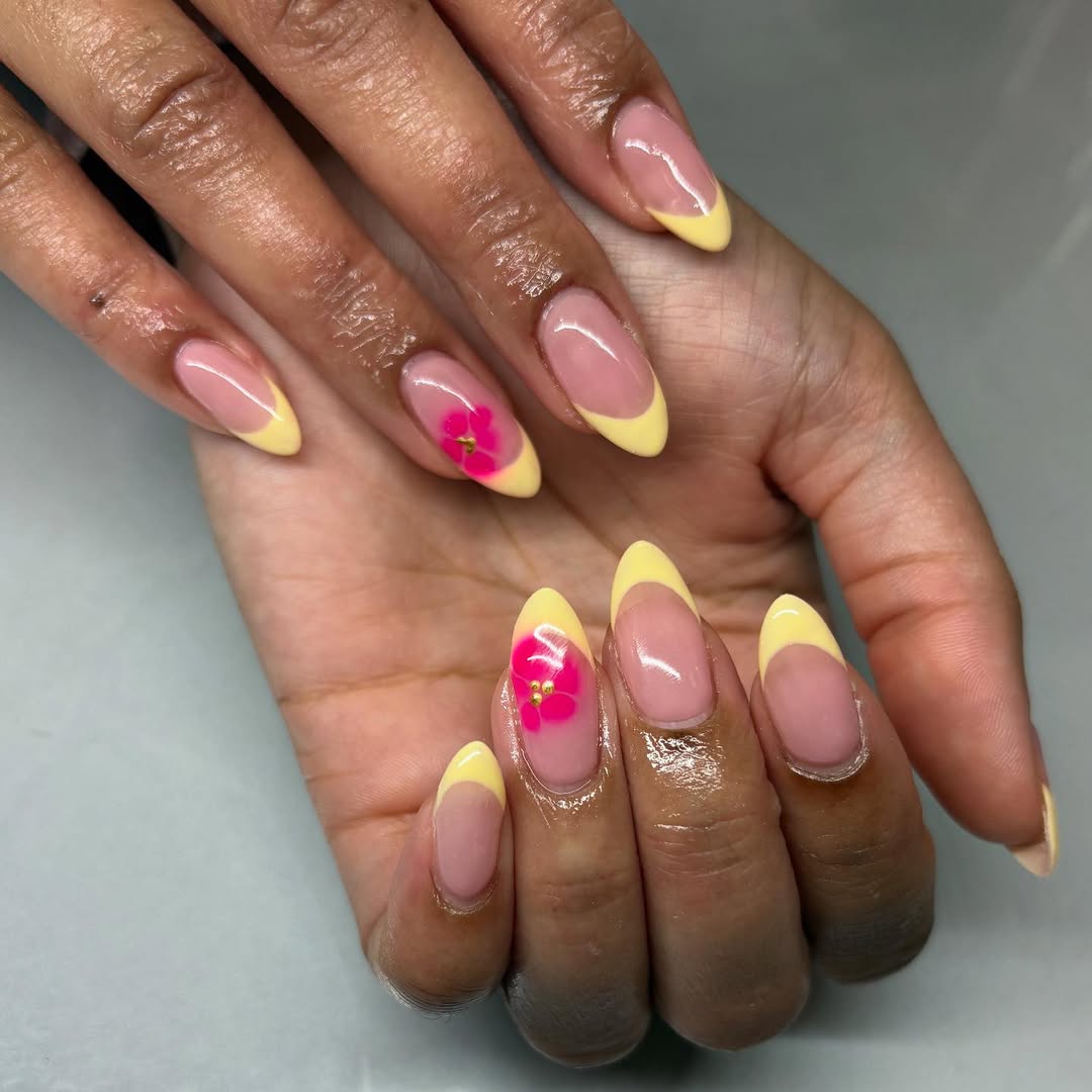 Bright Yellow French Tips with Pink Floral Art