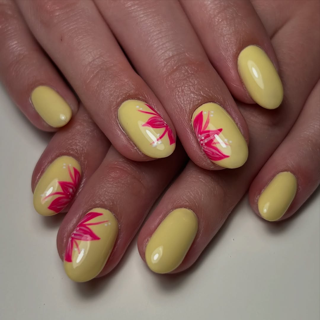 Bright Yellow Oval Nails with Pink Floral Art
