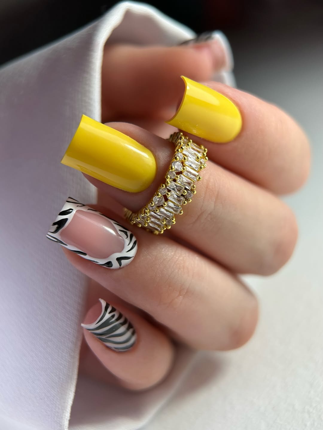 Bright Yellow Solid And Zebra Print Mismatched Nails