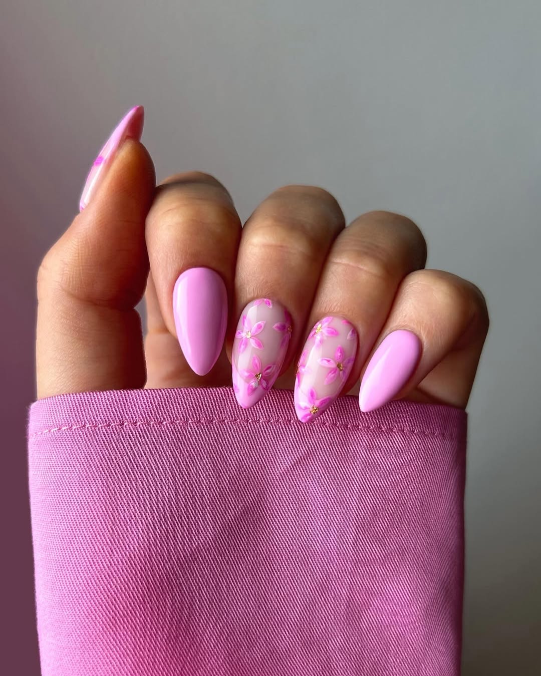 Bubblegum Pink Floral Almond Nails