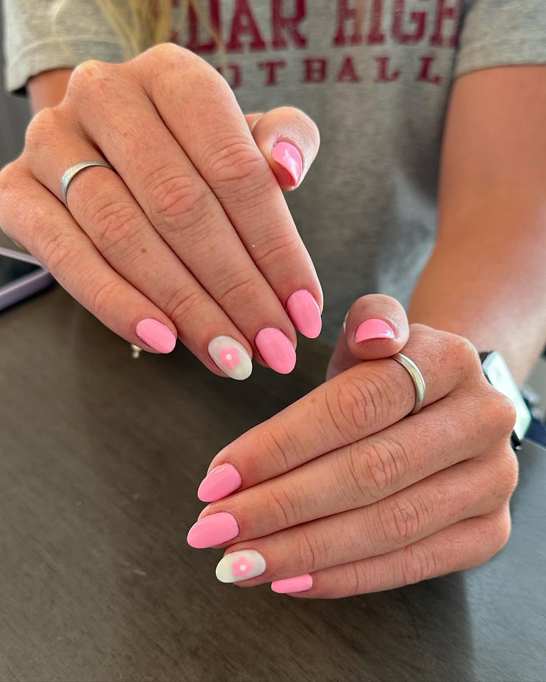 Bubblegum Pink Floral Glossy Oval Summer Nails