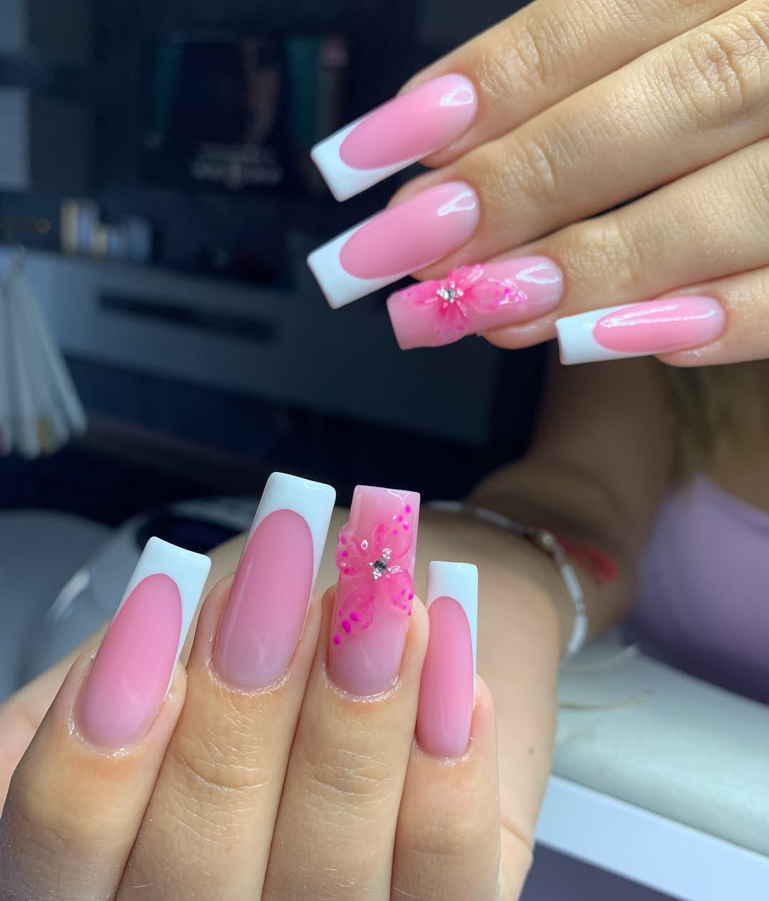 Bubblegum Pink French Tip Nails With 3D Butterfly Accent