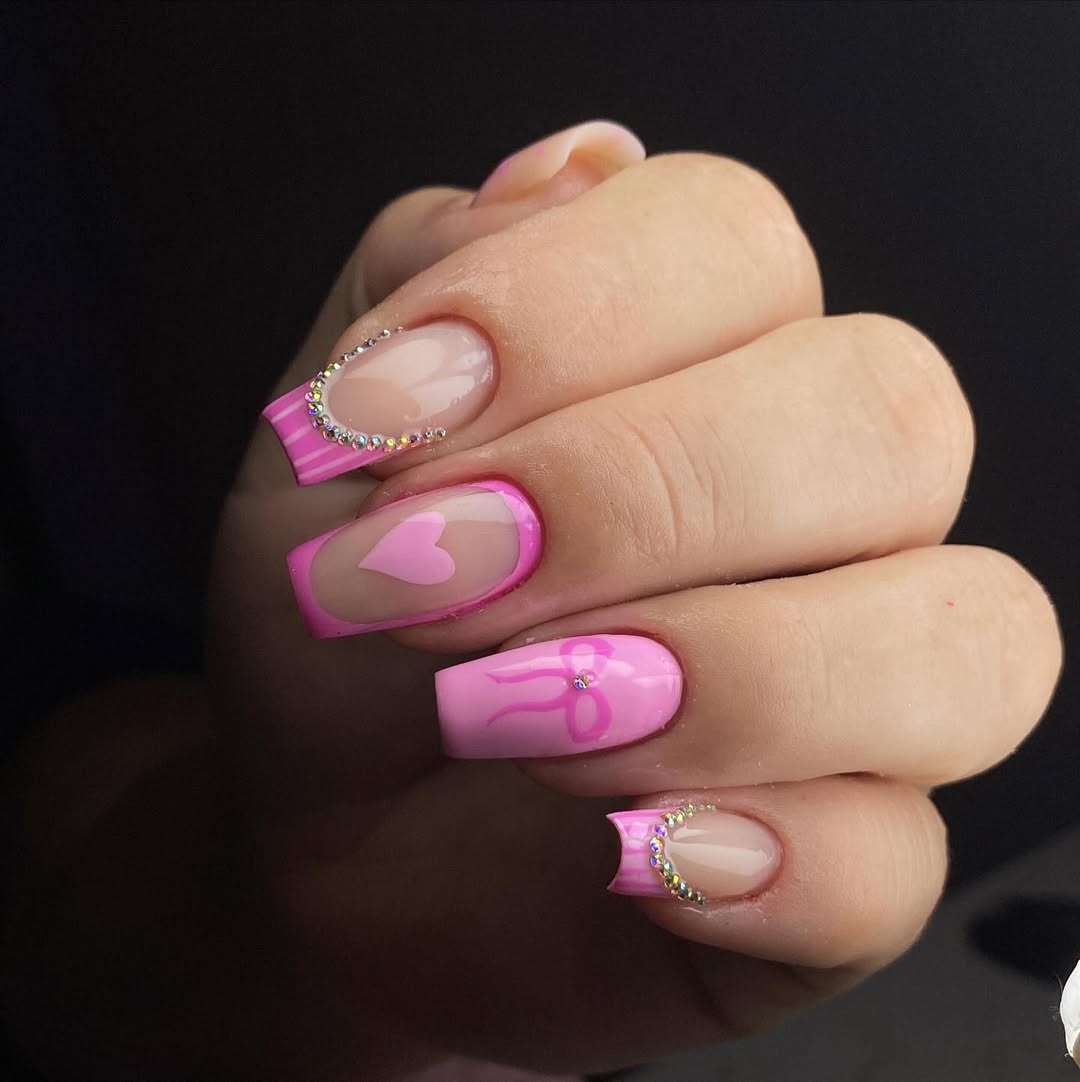 Bubblegum Pink Hearts and Bows French Nails