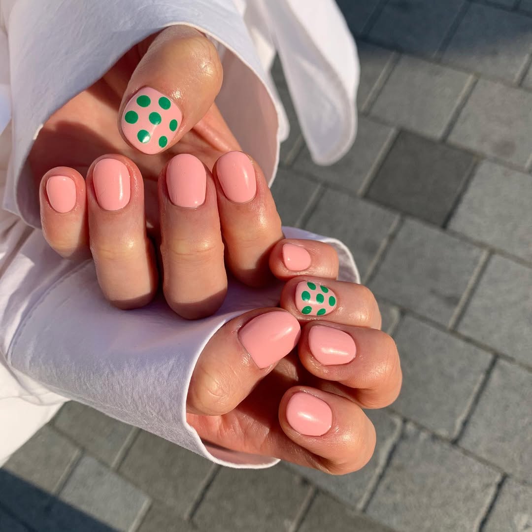 Bubblegum Pink Round Nails with Green Polka Dots