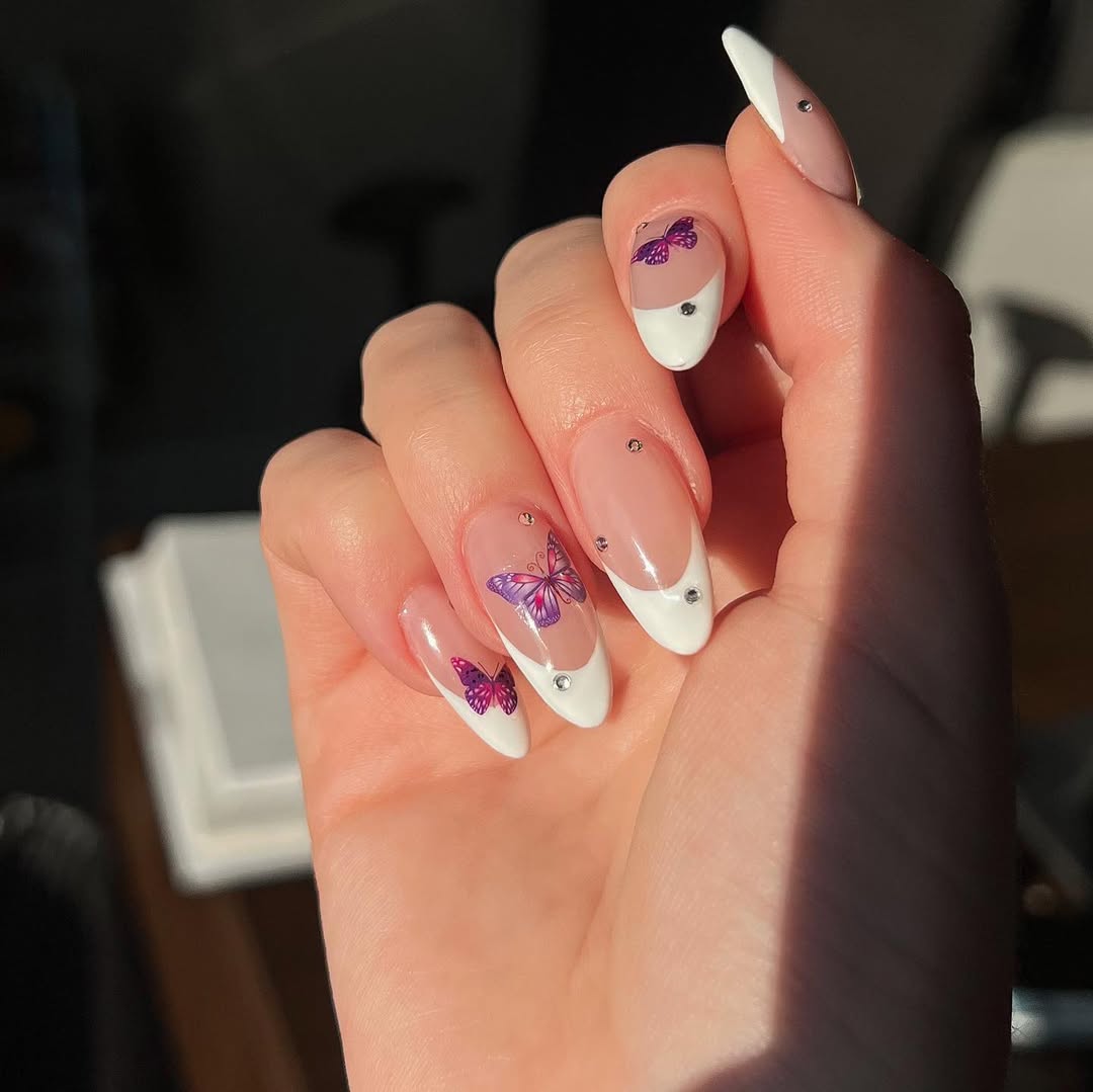 Butterfly French Tip Long Almond Nails With Rhinestones